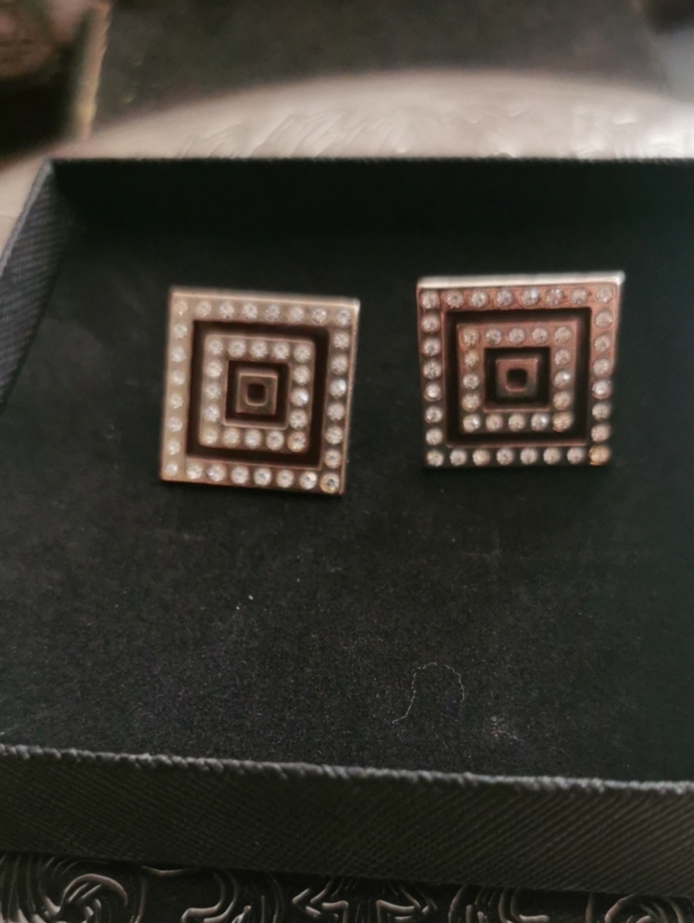 Clip On Square Crystal Earrings  - Gold Tone